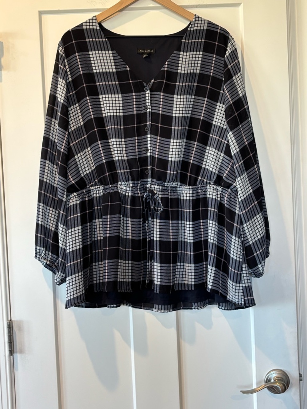 Lane Bryant Women’s Plus Black & White Plaid Drawstring Peplum Blouse 22
